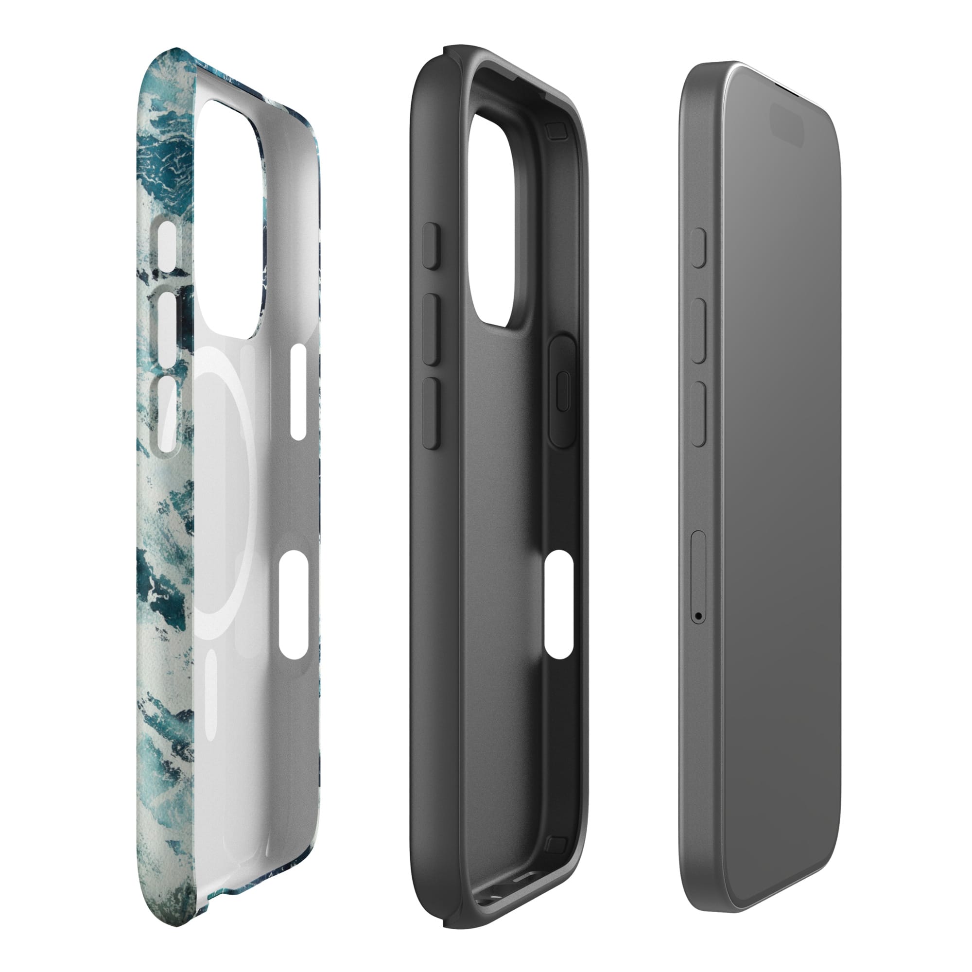Dual-layer deep blue turquoise ocean watercolor MagSafe iPhone case with polycarbonate shell and TPU inner liner