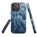 Deep blue ocean watercolor MagSafe iPhone case showing front, back and side views