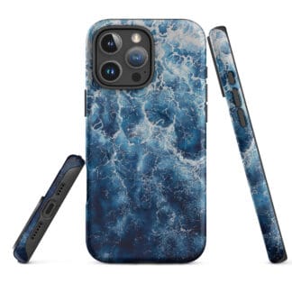 Deep blue ocean watercolor MagSafe iPhone case showing front, back and side views