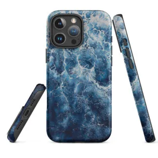 Deep blue ocean watercolor MagSafe iPhone case showing front, back and side views