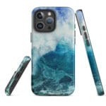 Blue ocean wave watercolor MagSafe iPhone case showing front, back and side views