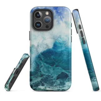 Blue ocean wave watercolor MagSafe iPhone case showing front, back and side views