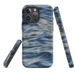 Blue grey ocean watercolor MagSafe iPhone case showing front, back and side views