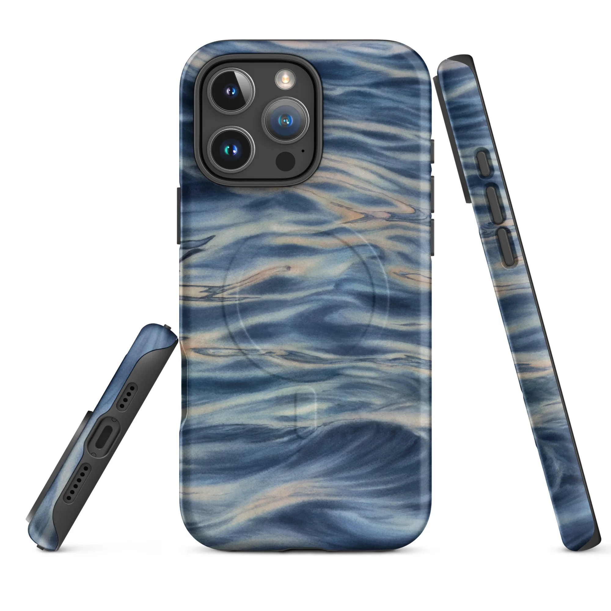 Blue grey ocean watercolor MagSafe iPhone case showing front, back and side views