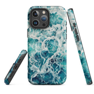 Blue green ocean watercolor MagSafe iPhone case showing front, back and side views