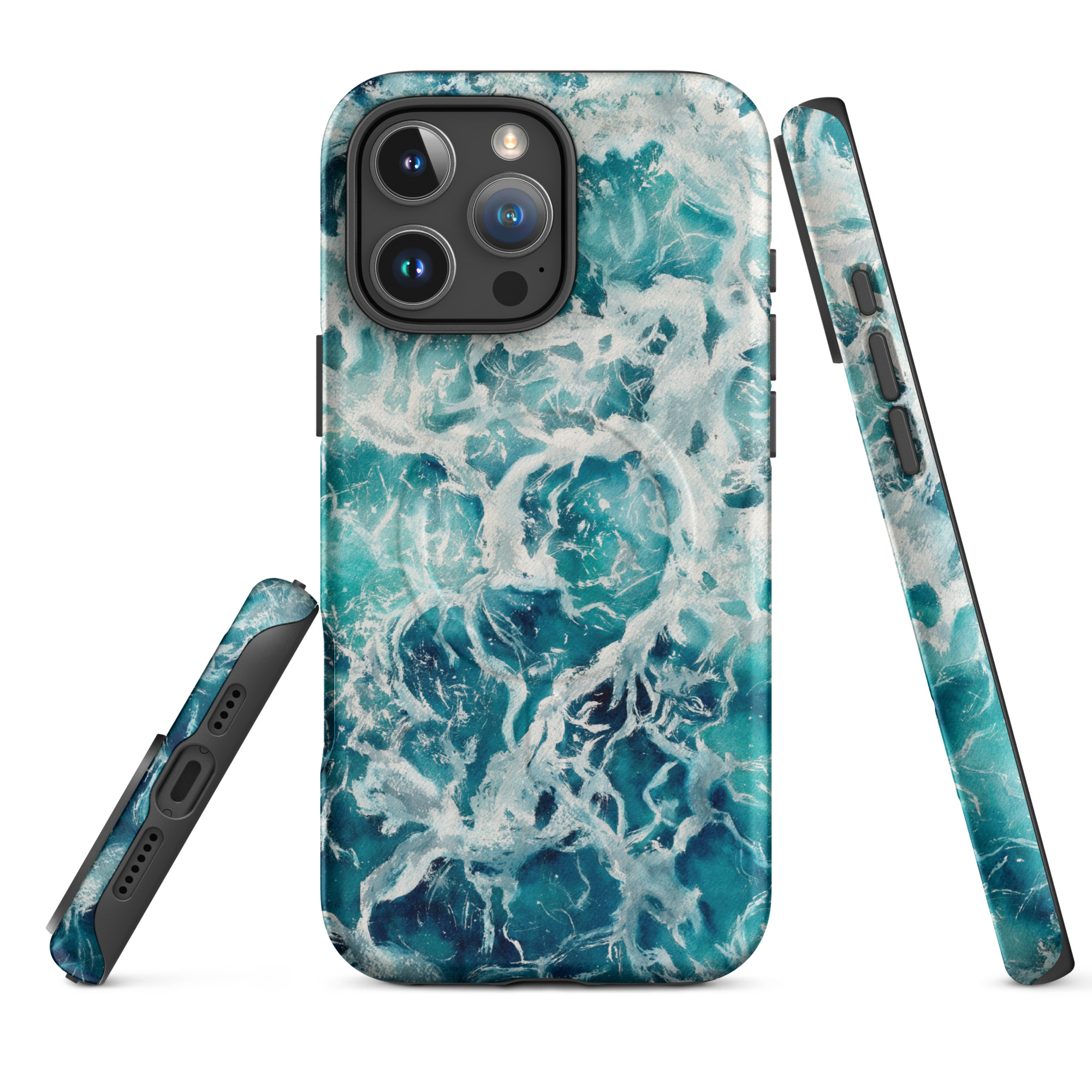 Blue green ocean watercolor MagSafe iPhone case showing front, back and side views