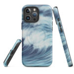 Blue ocean wave watercolor MagSafe iPhone case showing front, back and side views