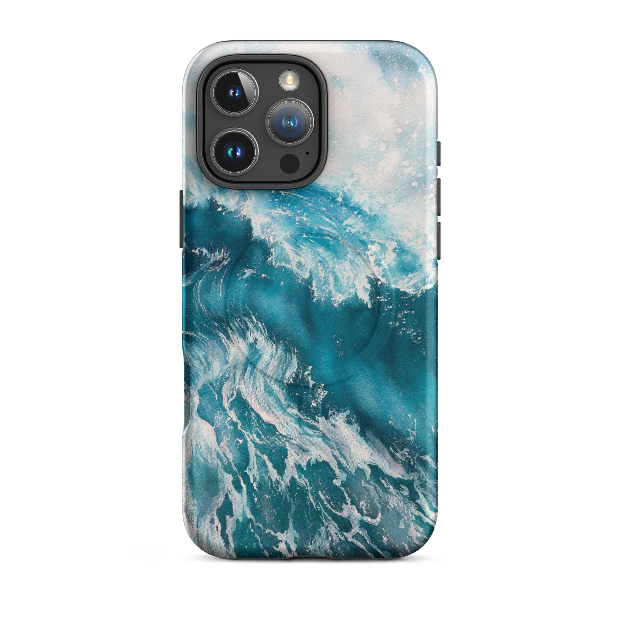 Turquoise blue ocean wave watercolor iPhone 16 Pro Max case with MagSafe, matte finish