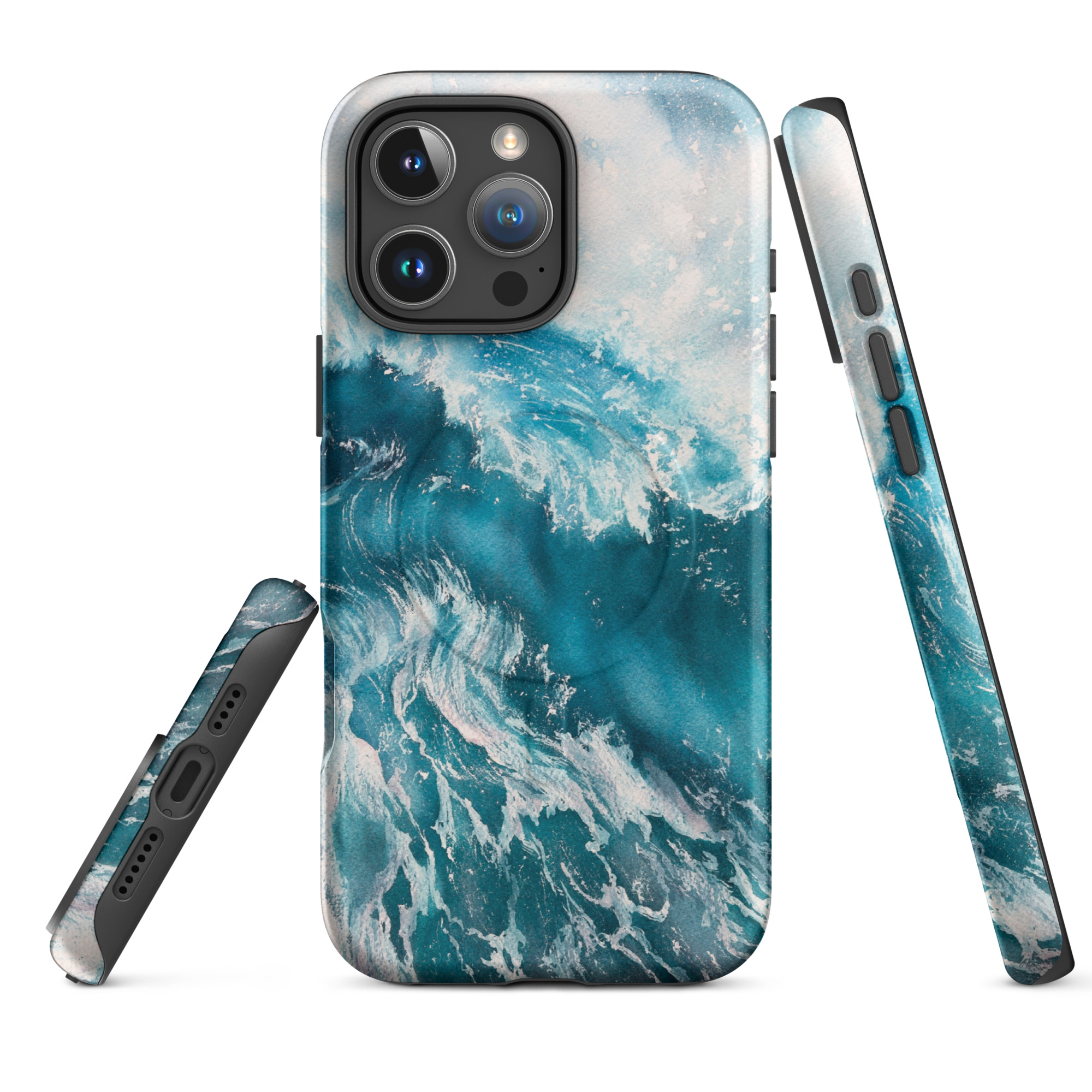 Turquoise blue ocean wave watercolor MagSafe iPhone case showing front, back and side views
