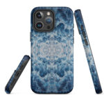 Deep blue ocean foam watercolor MagSafe iPhone case showing front, back and side views