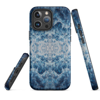 Deep blue ocean foam watercolor MagSafe iPhone case showing front, back and side views