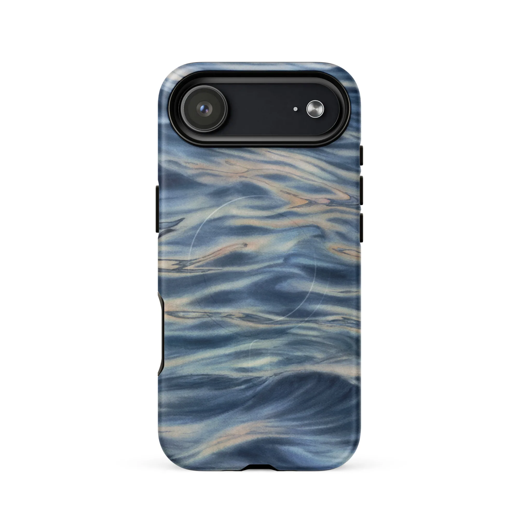 Blue grey ocean watercolor iPhone 17 case with MagSafe, matte finish