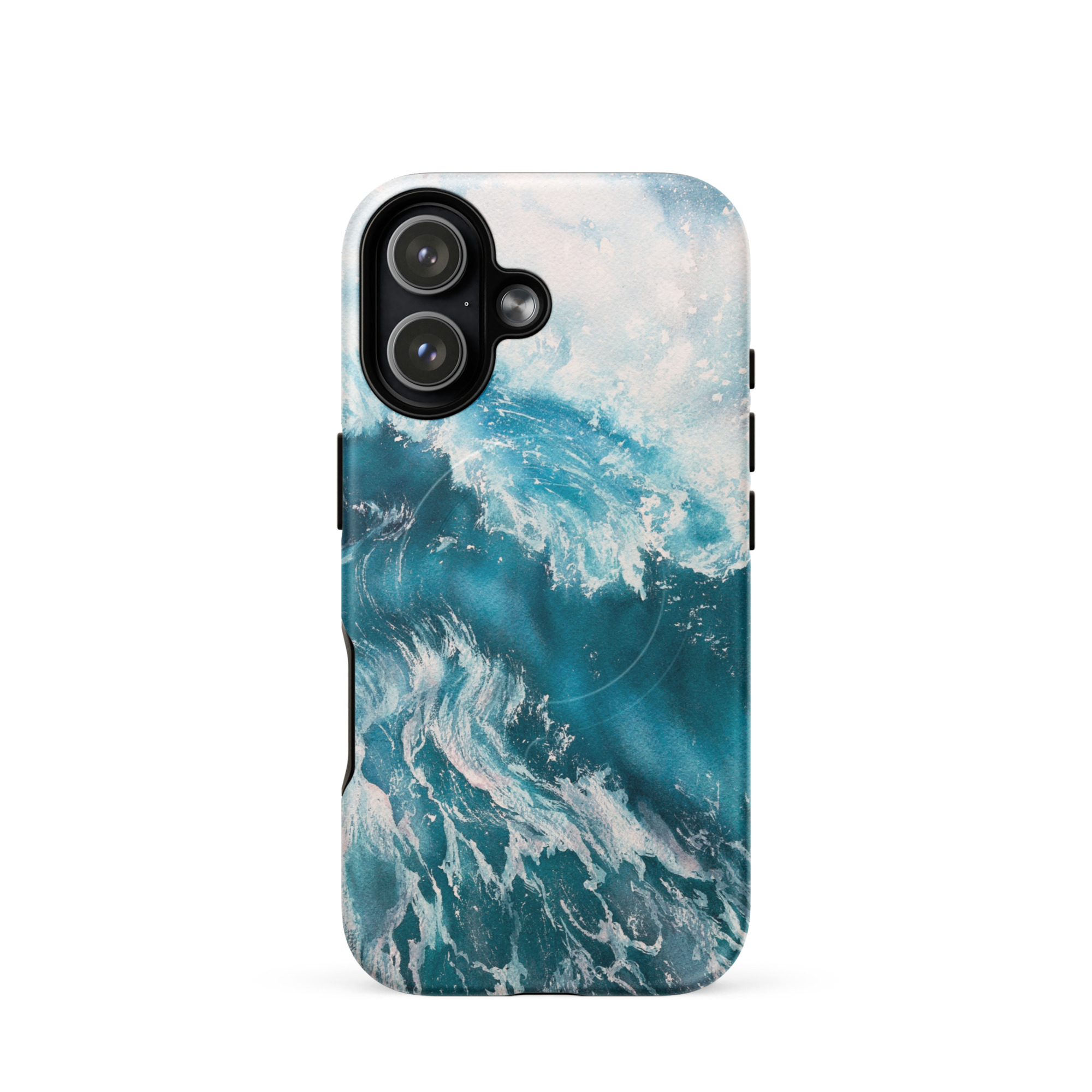 Turquoise blue ocean wave watercolor iPhone 17 case with MagSafe, matte finish